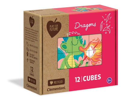 Clementoni 45006 Cubes Play for Future-Dragons-12 Pieces-Made in Italy-100% Recycled Materials, Jigsaw Puzzle for Kids