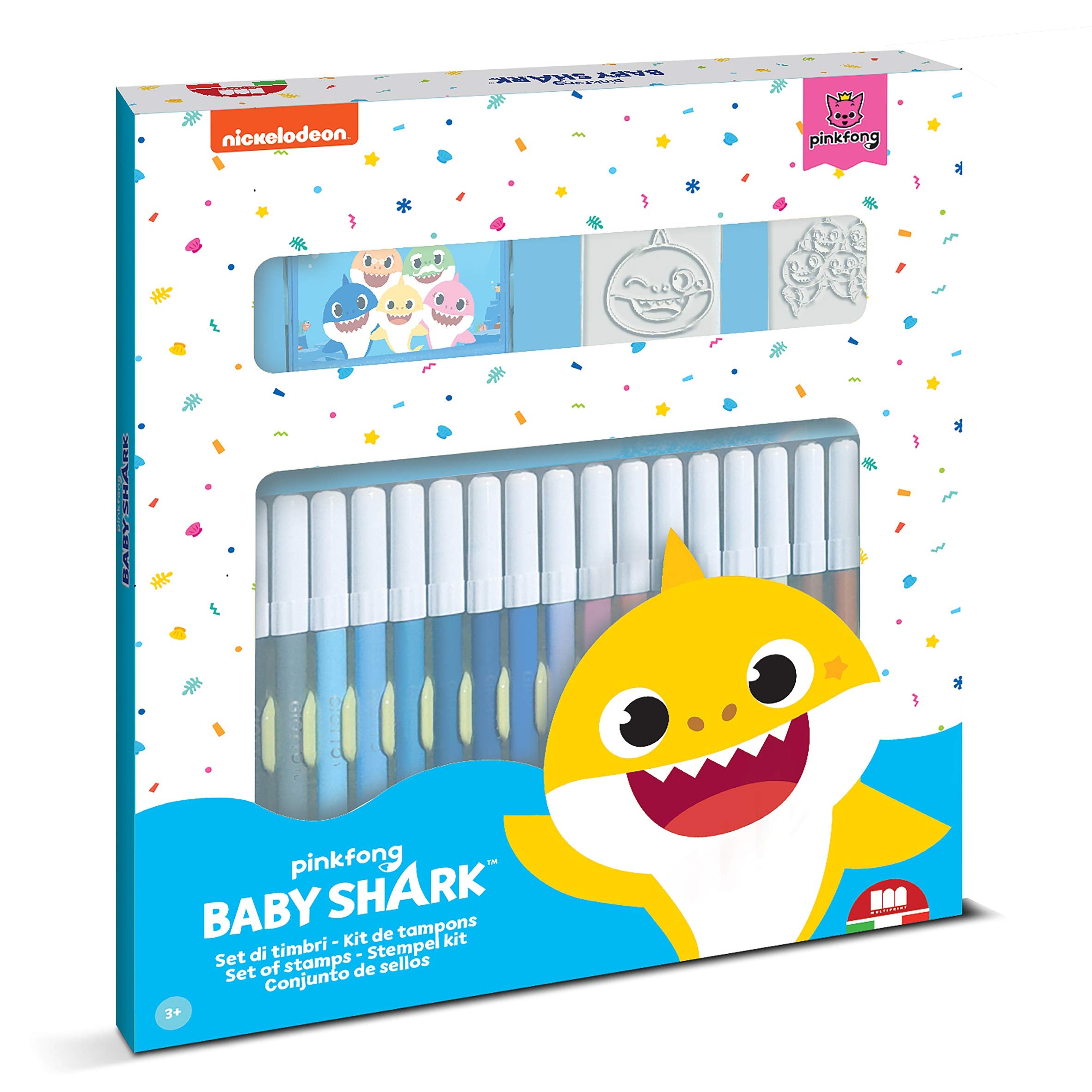 Multiprint Set 2 Stamps for Kids and 18 Coloured Pens Baby Shark, Made in Italy, Stamps for Children, in Wood and Natural Rubber, Non-toxic Washable Ink, Gift Idea, art.86995