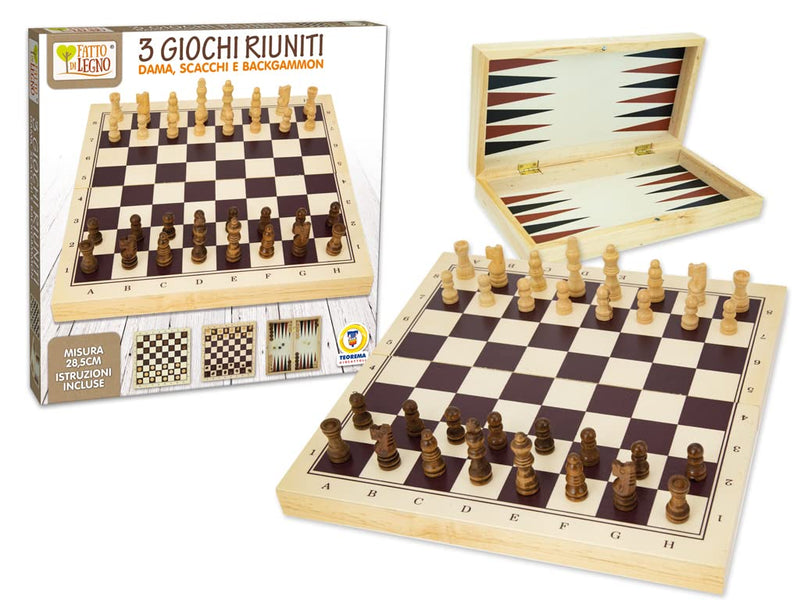 3 GAMES IN ONE MADE OF WOOD DAMA CHESS BACKGAMMON CM 28.5 WITH INSTRUCTIONS