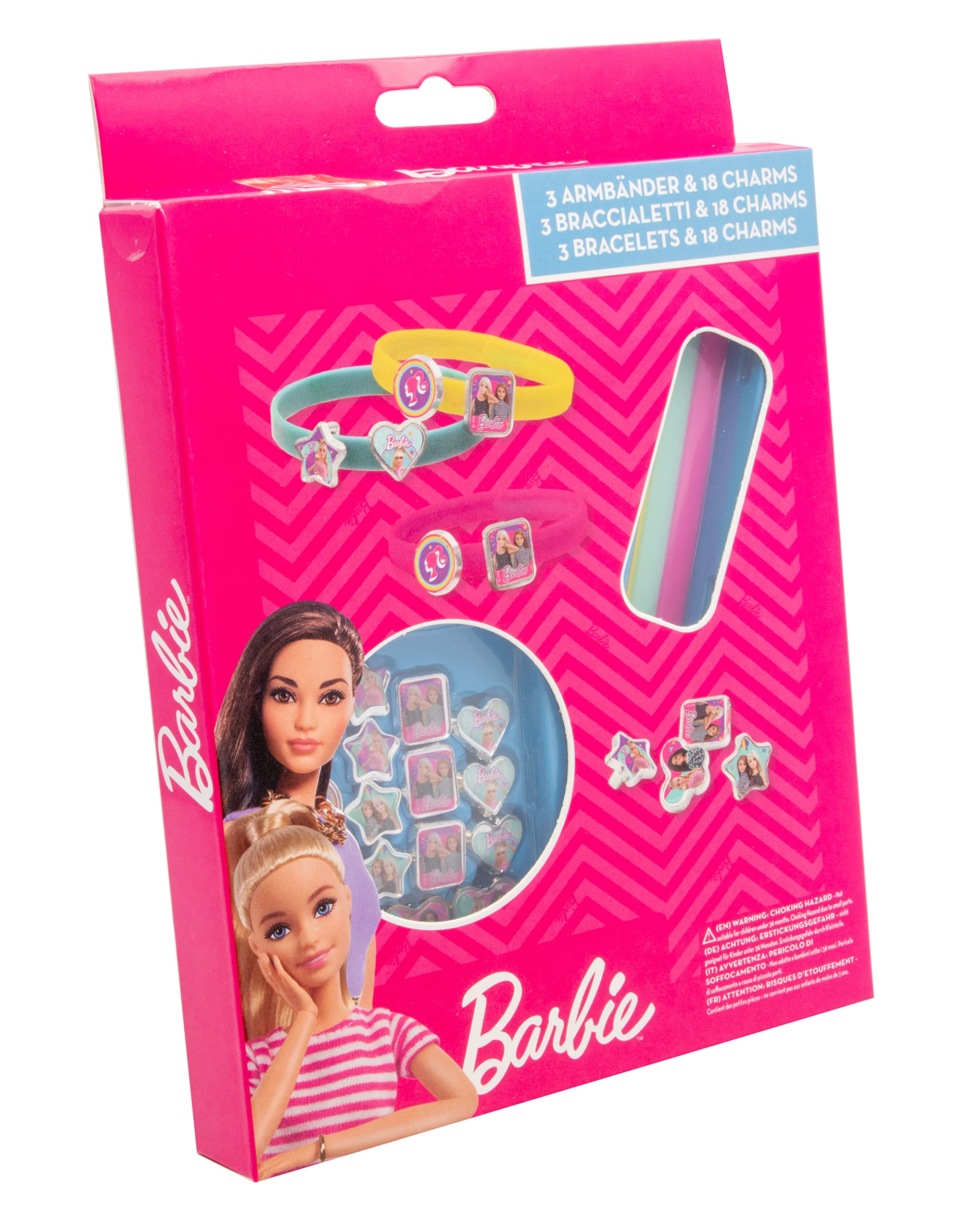 Joy Toy - Barbie 3 plastic bracelets with 18 charms for attaching in gift packaging - 15 x 2.5 x 20 cm