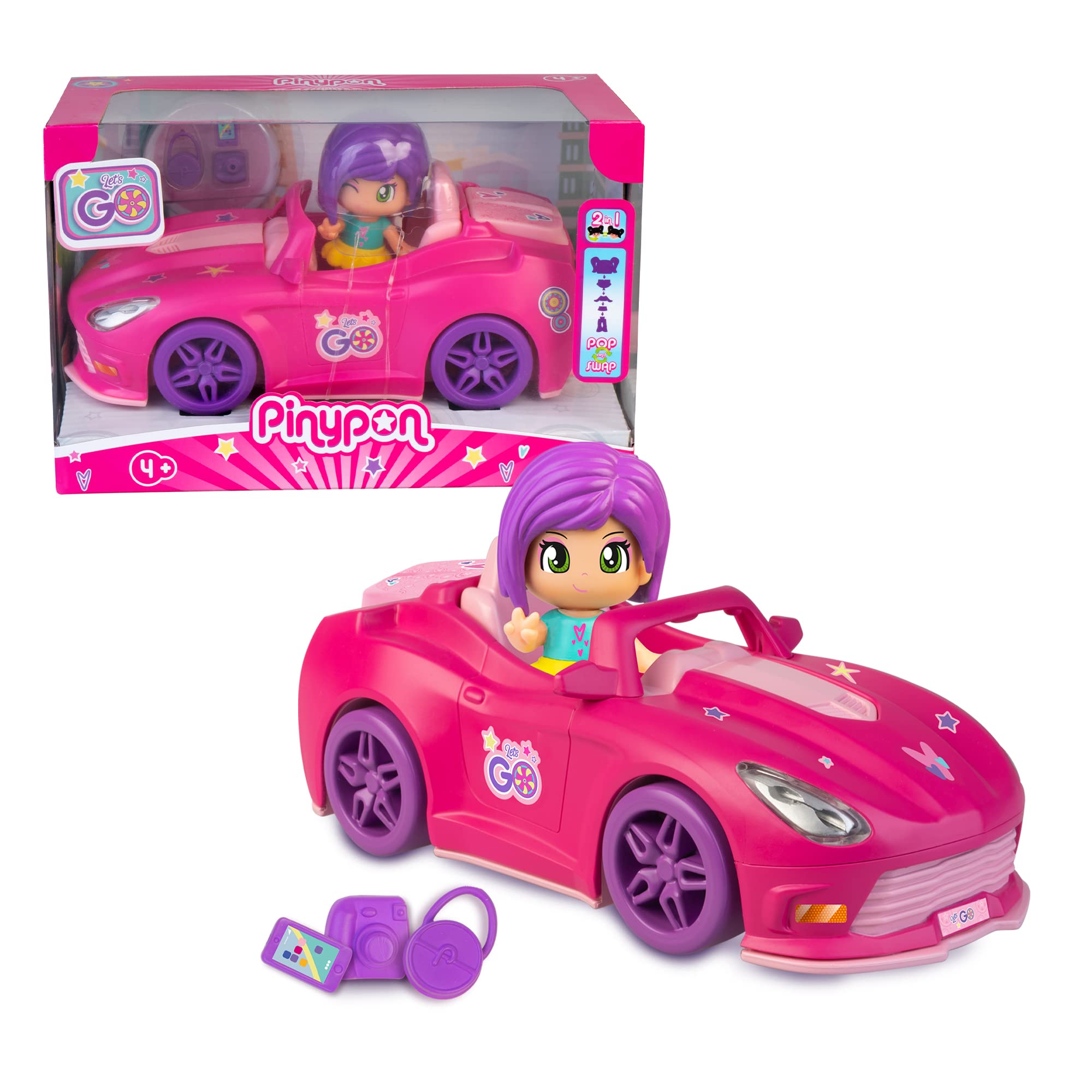 Pinypon - Let's Go! Pink Pinypon car, with boot to store the 3 small accessories, and mini figure of a Pop&Swap doll, for boys and girls from 3 years old, Famosa (PNY37100