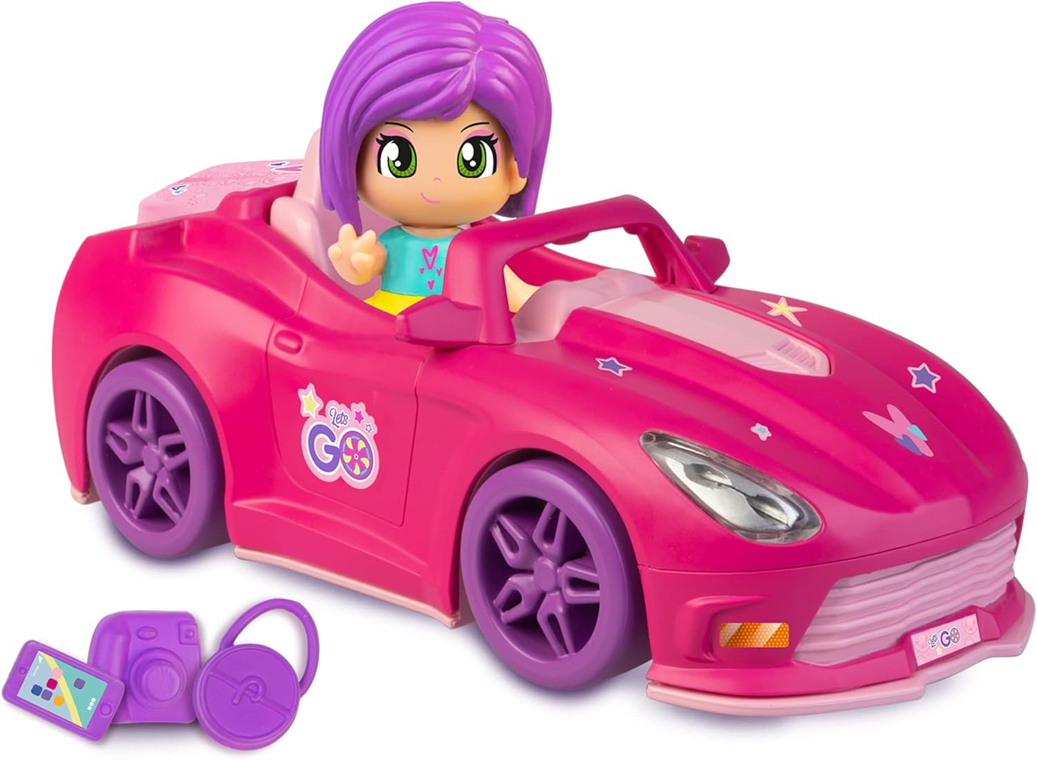 Pinypon - Let's Go! Pink Pinypon car, with boot to store the 3 small accessories, and mini figure of a Pop&Swap doll, for boys and girls from 3 years old, Famosa (PNY37100