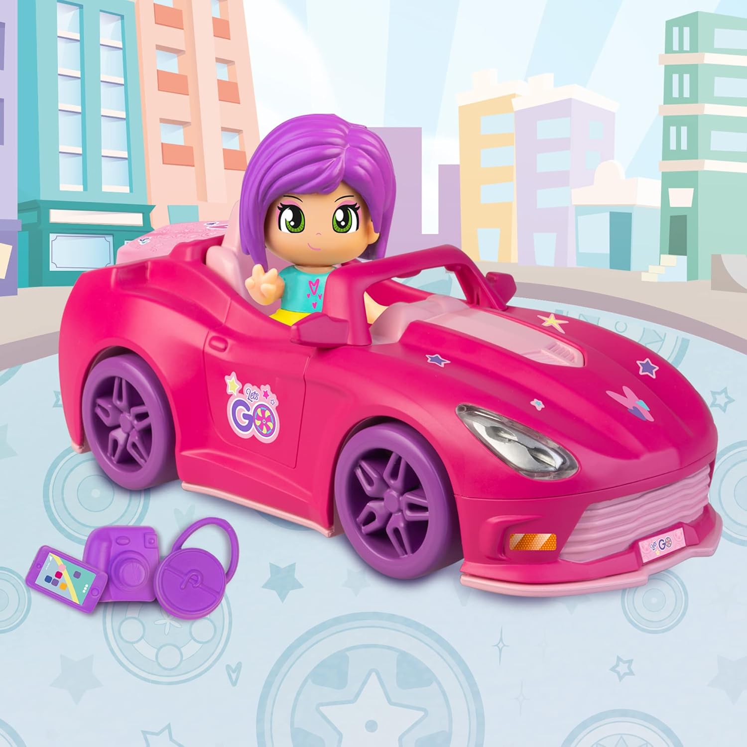 Pinypon - Let's Go! Pink Pinypon car, with boot to store the 3 small accessories, and mini figure of a Pop&Swap doll, for boys and girls from 3 years old, Famosa (PNY37100