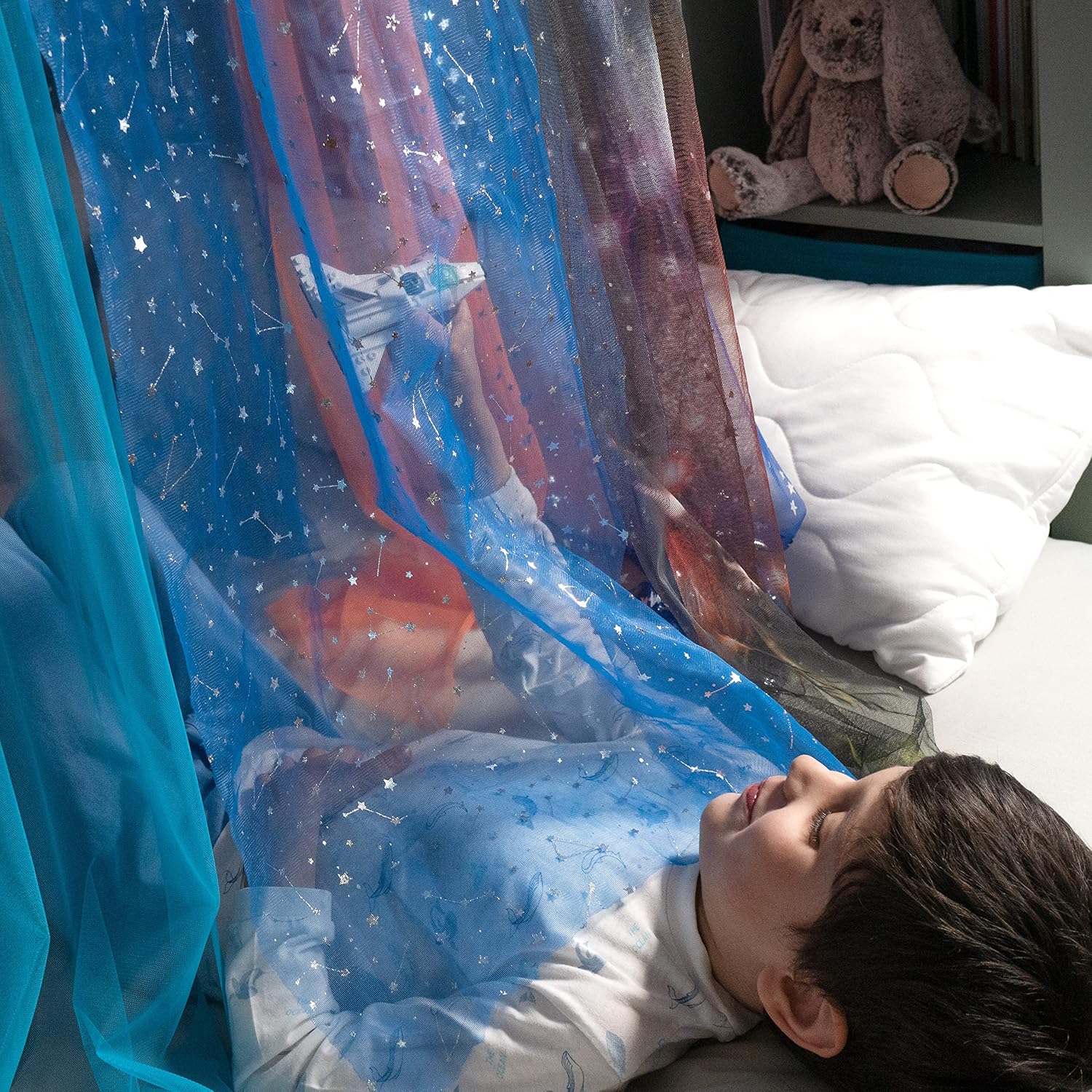 Creative Nice Group Tenda dello Spazio, Crea la Space Canopy con Tulle Che Si Illumina e Decora PON, Adesivi Glitterati, Nastri in Raso, Multicolore, 02818