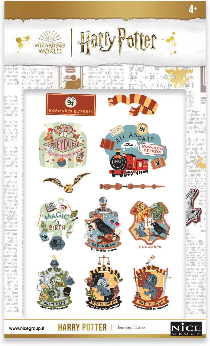 Nice Group Harry Potter – Temporary Tattoo – Tatuaggi Temporanei per Bambini, 2 Fogli con Immagini Colorate, Diamantiny, Multicolore, 21106
