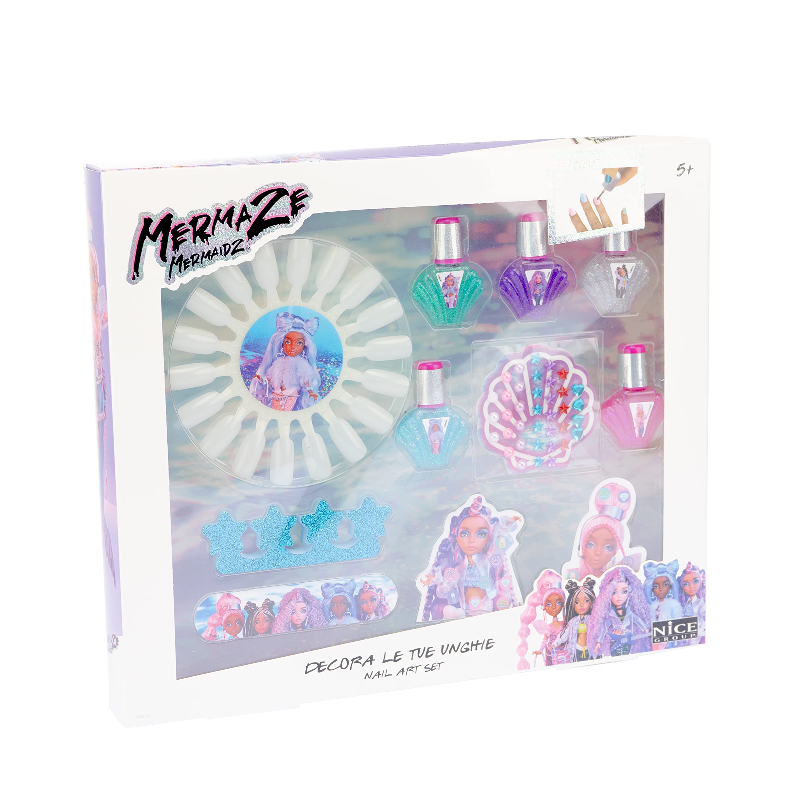 Nice Group - Mermaze Nail Art Set - Kit di Smalti per Unghie con gemme e stickers adesivi, separa dita e lima per bambini