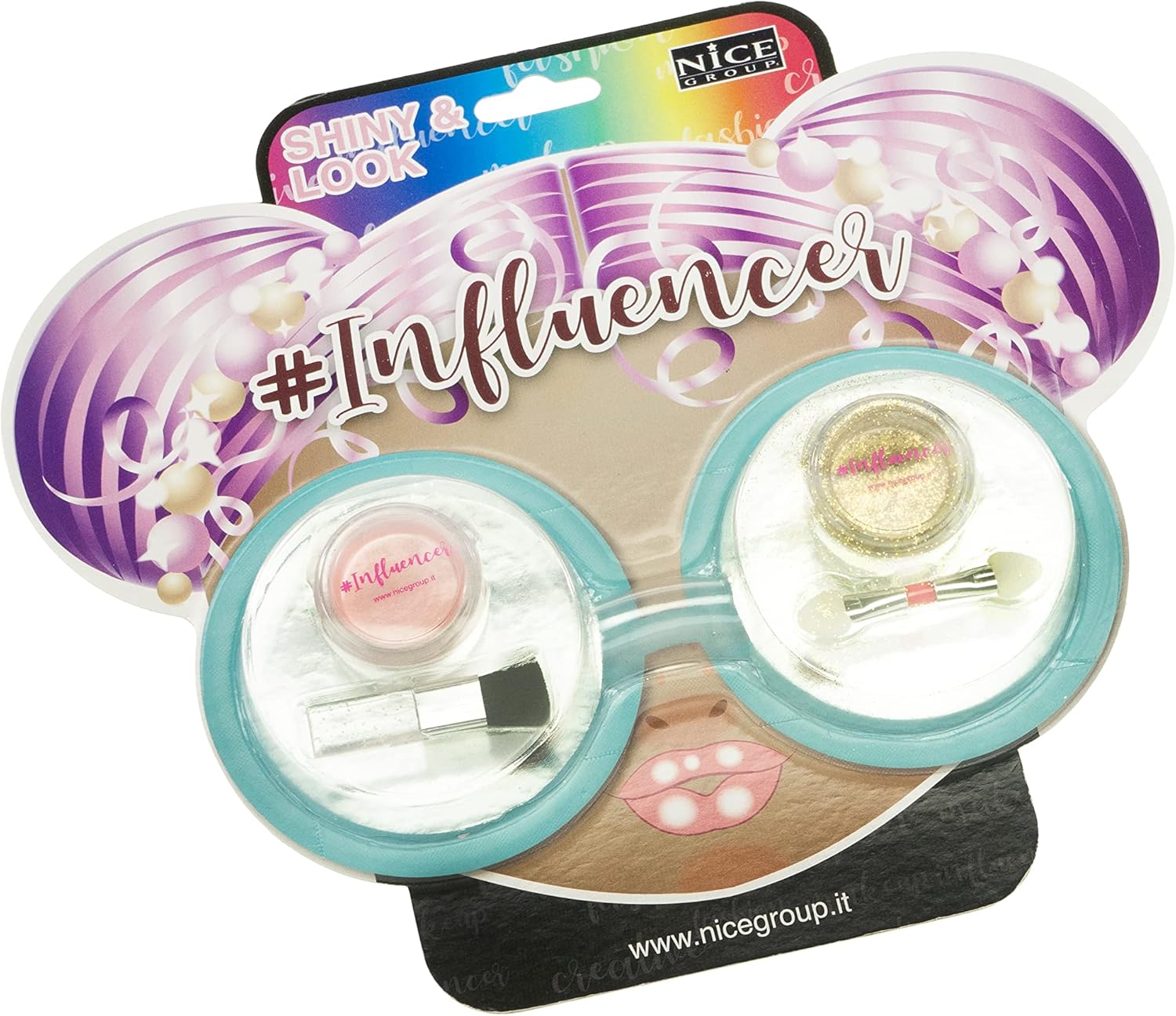 Nice Group 92011 Influencer Look, Kit with Shiny Eyeshadow and Glitter Powder for Face and Body for Kids, multicolour, Taglia Unica