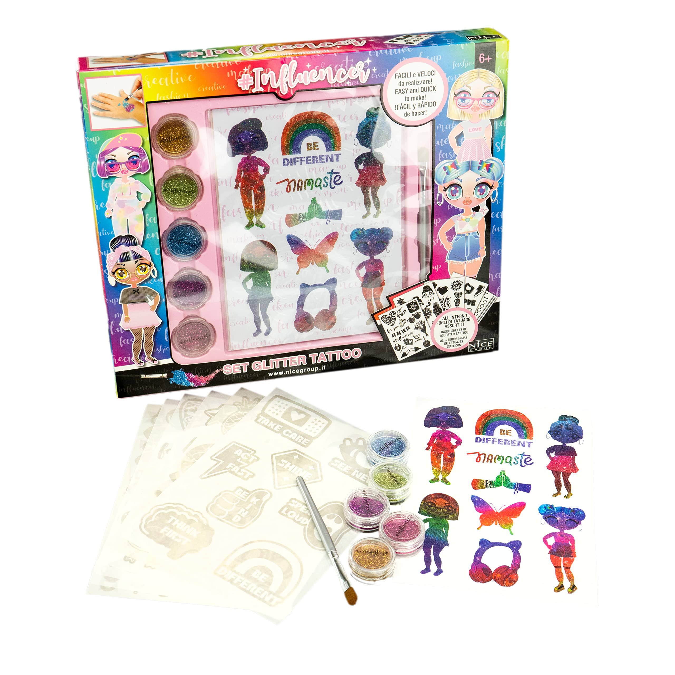 Nice Group Influencer Set Glitter Tattoo Set mit Tattoos und Glitzerpulver für Kinder, mehrfarbig, Unica (92021