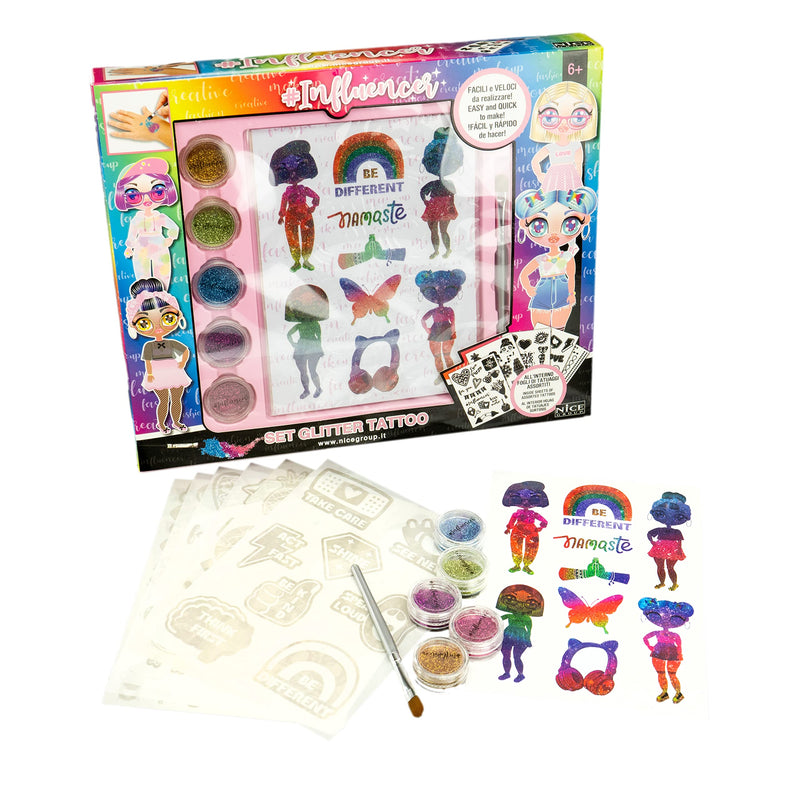 Nice Group Influencer Set Glitter Tattoo Set mit Tattoos und Glitzerpulver für Kinder, mehrfarbig, Unica (92021