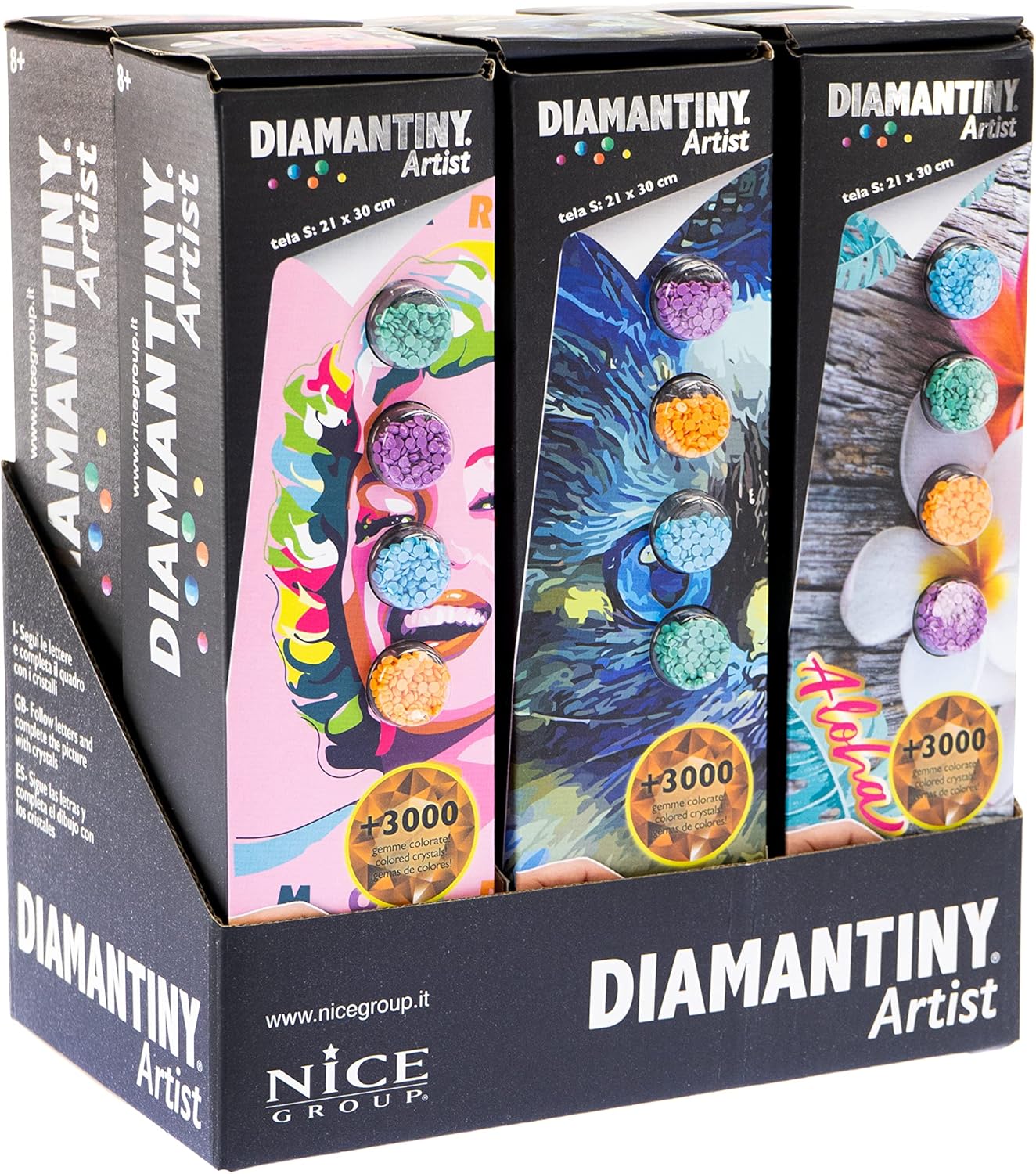 DIAMANTINY Artist Assortimento Small 21x30-Attività Crystal Art, Diamond Painting Kit, 1 Lienzo Surtido, Multicolor, (Nice Group 96500