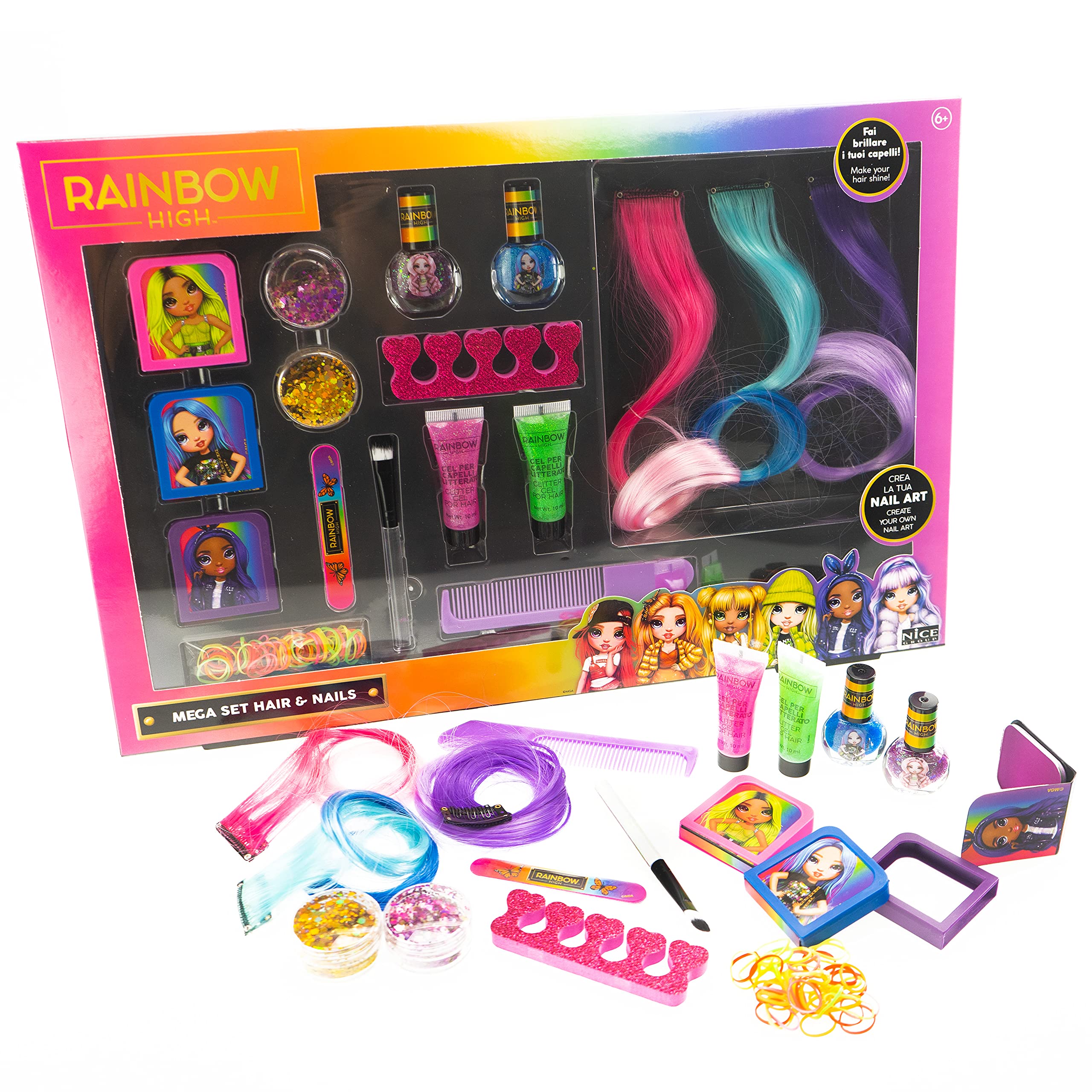 RAINBOW HIGH Mega Set Hair & Nails, Kit per Bambine con Extension, Gel, Glitter, 3 Gessi colorati per Capelli e Smalti per Unghie - Nice Group