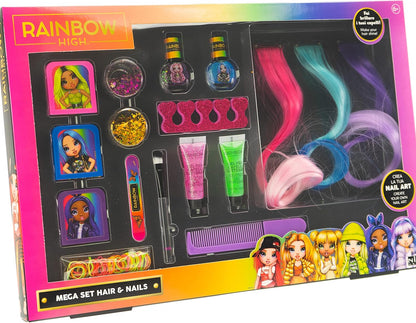 RAINBOW HIGH Mega Set Hair & Nails, Kit per Bambine con Extension, Gel, Glitter, 3 Gessi colorati per Capelli e Smalti per Unghie - Nice Group