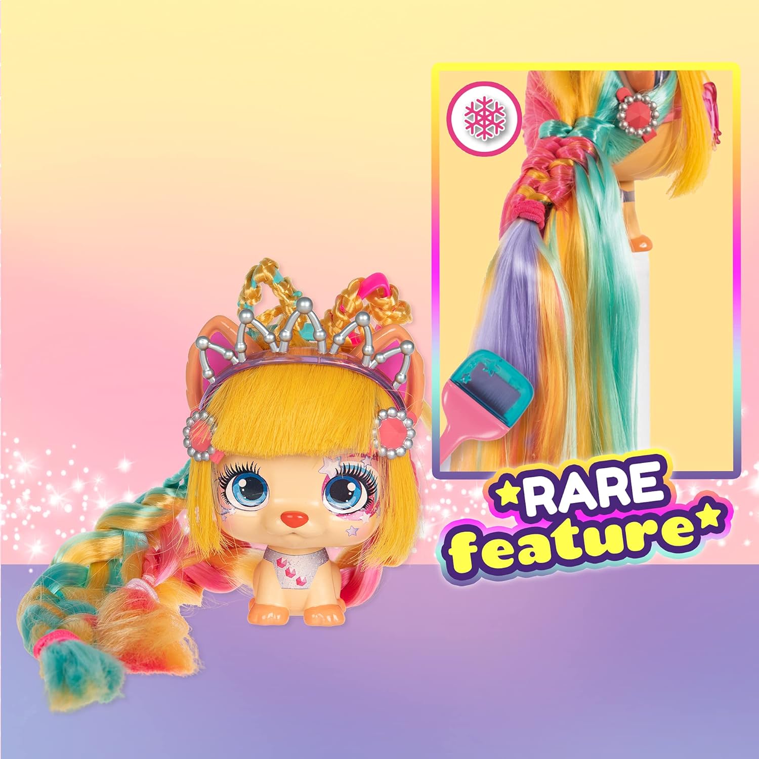 VIP PETS Color Boost | Surprise collectible puppy doll with long hair to style (30cm) + Accesories & Chalk hair dye - Gift toy for kids +3 Years
