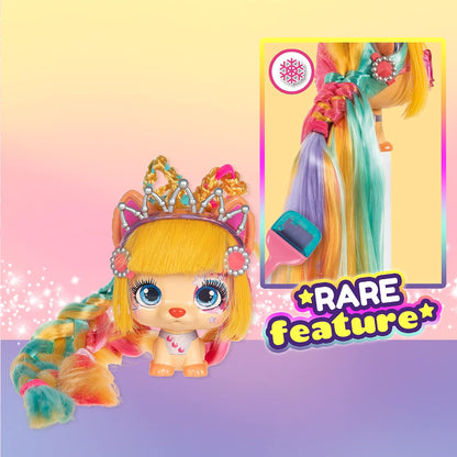 VIP PETS Color Boost | Surprise collectible puppy doll with long hair to style (30cm) + Accesories & Chalk hair dye - Gift toy for kids +3 Years