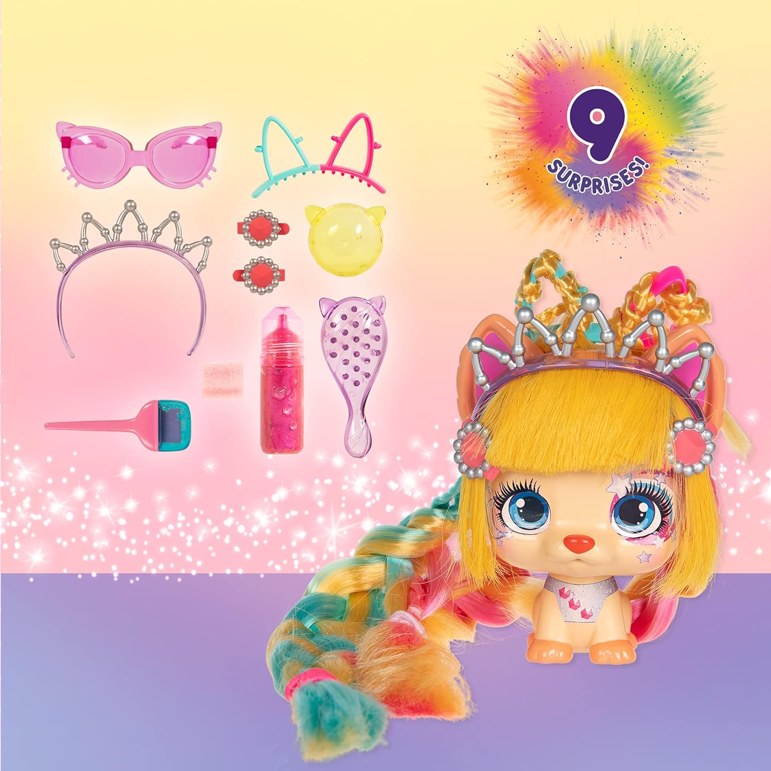 VIP PETS Color Boost | Surprise collectible puppy doll with long hair to style (30cm) + Accesories & Chalk hair dye - Gift toy for kids +3 Years