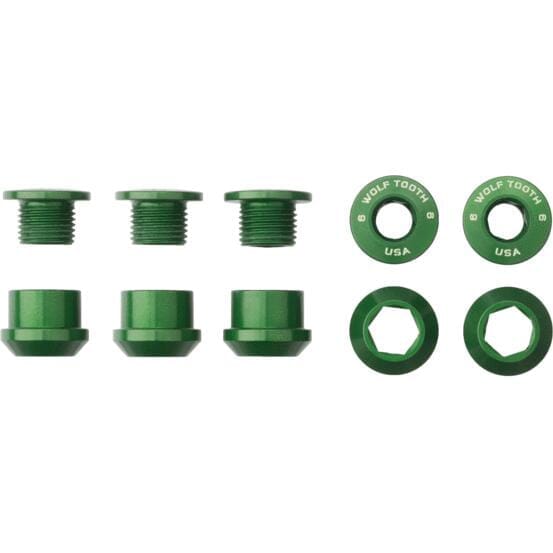 Wolf Tooth Chainring Bolts and Nuts for 1x - Set of 5 Green M8 x.75 x 5
