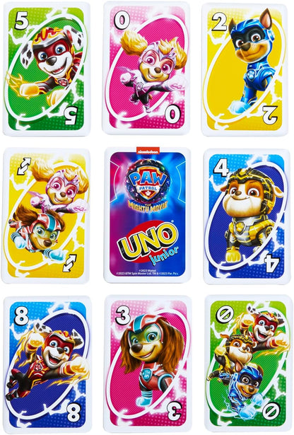 UNO Junior Paw Patrol: The Mighty Movie Kids Card Game for Family Night Featuring 3 Levels of Play