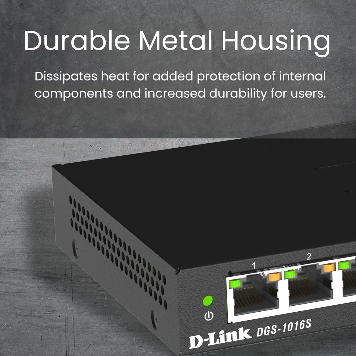 D-Link DGS-1016S 16-Port Unmanaged Gigabit Switch (ohne Lüfter, Low Profile Metallgehäuse, Desktop / Wandmontage, Plug-and-Play, 802.1p QoS, 802.3az EEE), schwarz