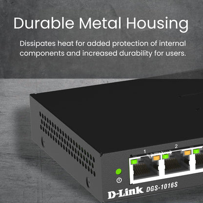 D-Link DGS-1016S 16-Port Unmanaged Gigabit Switch (ohne Lüfter, Low Profile Metallgehäuse, Desktop / Wandmontage, Plug-and-Play, 802.1p QoS, 802.3az EEE), schwarz