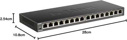D-Link DGS-1016S 16-Port Unmanaged Gigabit Switch (ohne Lüfter, Low Profile Metallgehäuse, Desktop / Wandmontage, Plug-and-Play, 802.1p QoS, 802.3az EEE), schwarz