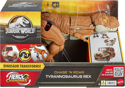 Jurassic World Transforming Toy, Tyrannosaurus T Rex Dinosaur to Off Road Truck Vehicle, 28-Step Fierce Changers Chase N Roar, 2 in 1 Figure