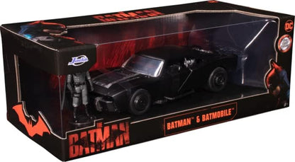 DC Comics 1:24 The Batman Batmobile - Coche Fundido a presión con Figura de Batman de 2.75 Pulgadas, Juguetes para niños y Adultos, Negro/Plateado