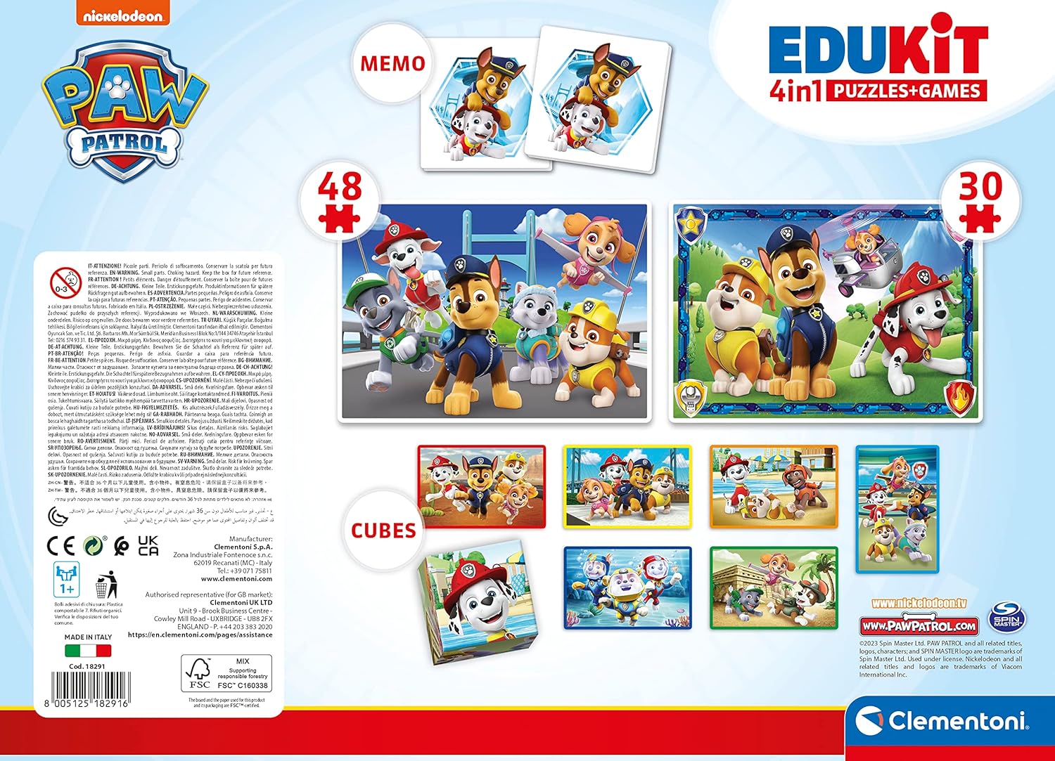Clementoni - 18291 - Edukit 4 In 1 Paw Patrol (30 And 48 Pieces Puzzle, Memo And Six Cubes), Children Jigsaw Puzzle, Memo Games, Card Games For Kids 4 Years, Made In Italy