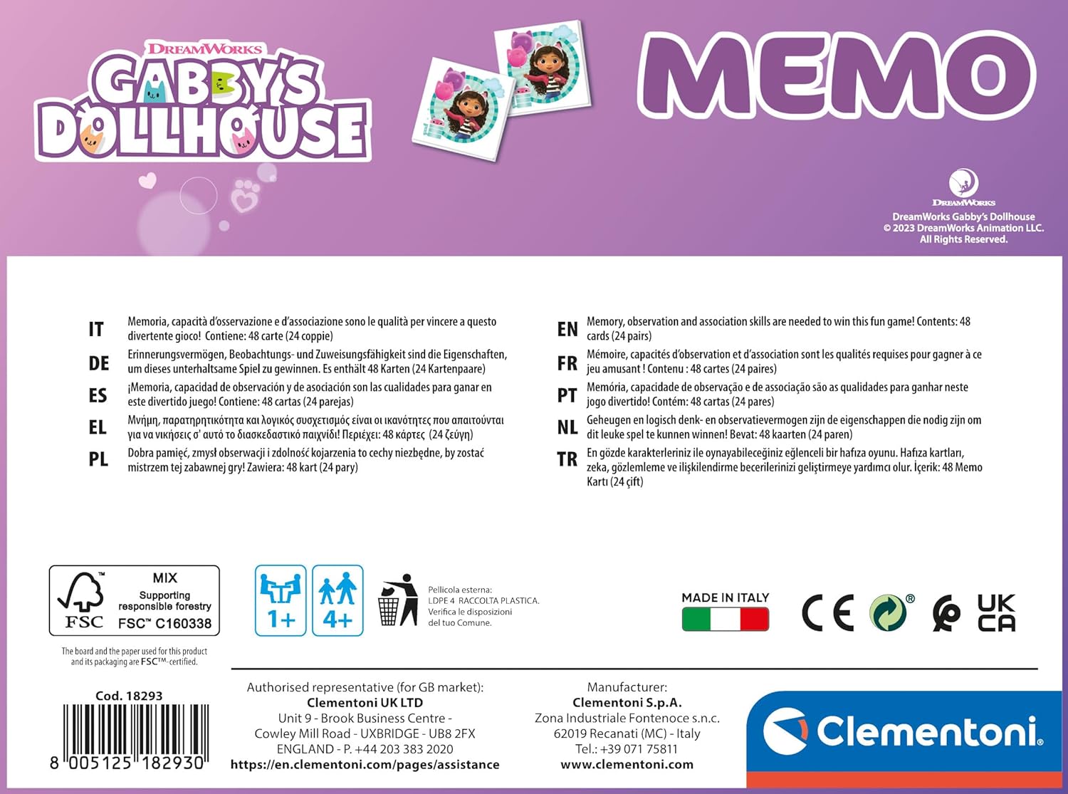 Clementoni - 18293 - Memo Pocket Gabby'S Dollhouse - Educatief Speelgoed, Memo Spel, Kaartenspel Voor Kinderen, 3-5 Jaar, Bordspel Vanaf 4 Jaar, 2 Spelers, Gemaakt In Italy