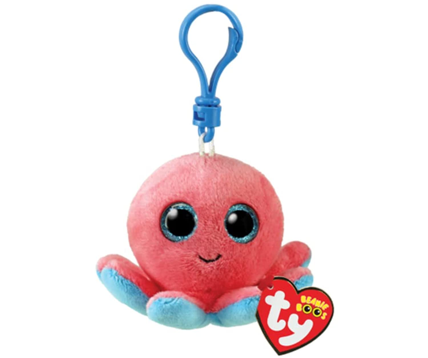 Ty - Pluche sleutelhanger - Beanie Boos Clips - Octopus - Sheldon - Koraalrood en lichtblauw - Met blauwe glitterogen - Het pluche met de grote glitterogen - 12 cm - 35255