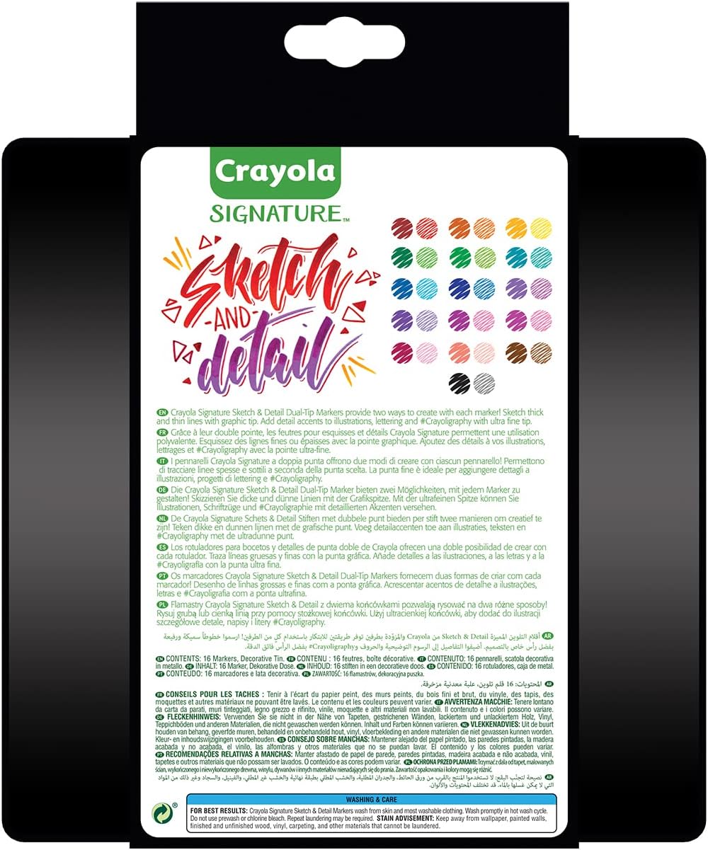 CRAYOLA - Signature 58-6512 16 Adult Marker Set for Drawing, Colouring and Painting, Double Tip (SuperTips and Fine Tip), in Decorated Deluxe Tin, Creative Activity and Gift