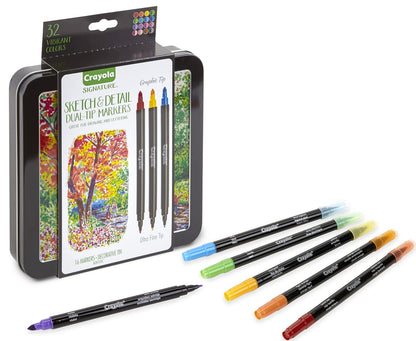 CRAYOLA - Signature 58-6512 16 Adult Marker Set for Drawing, Colouring and Painting, Double Tip (SuperTips and Fine Tip), in Decorated Deluxe Tin, Creative Activity and Gift