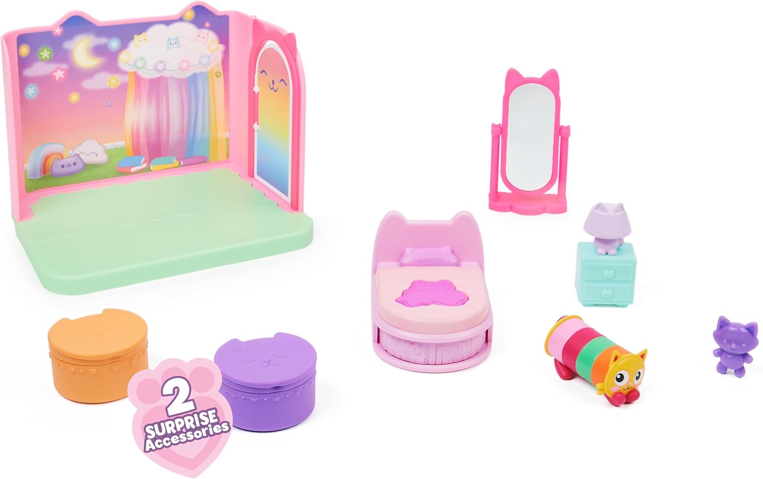 Gabby’s Dollhouse, Sweet Dreams Bedroom with Pillow Cat Figure and 3 Accessories, 3 Furniture Pieces and 2 Deliveries, Kids’ Toys for Ages 3 and above