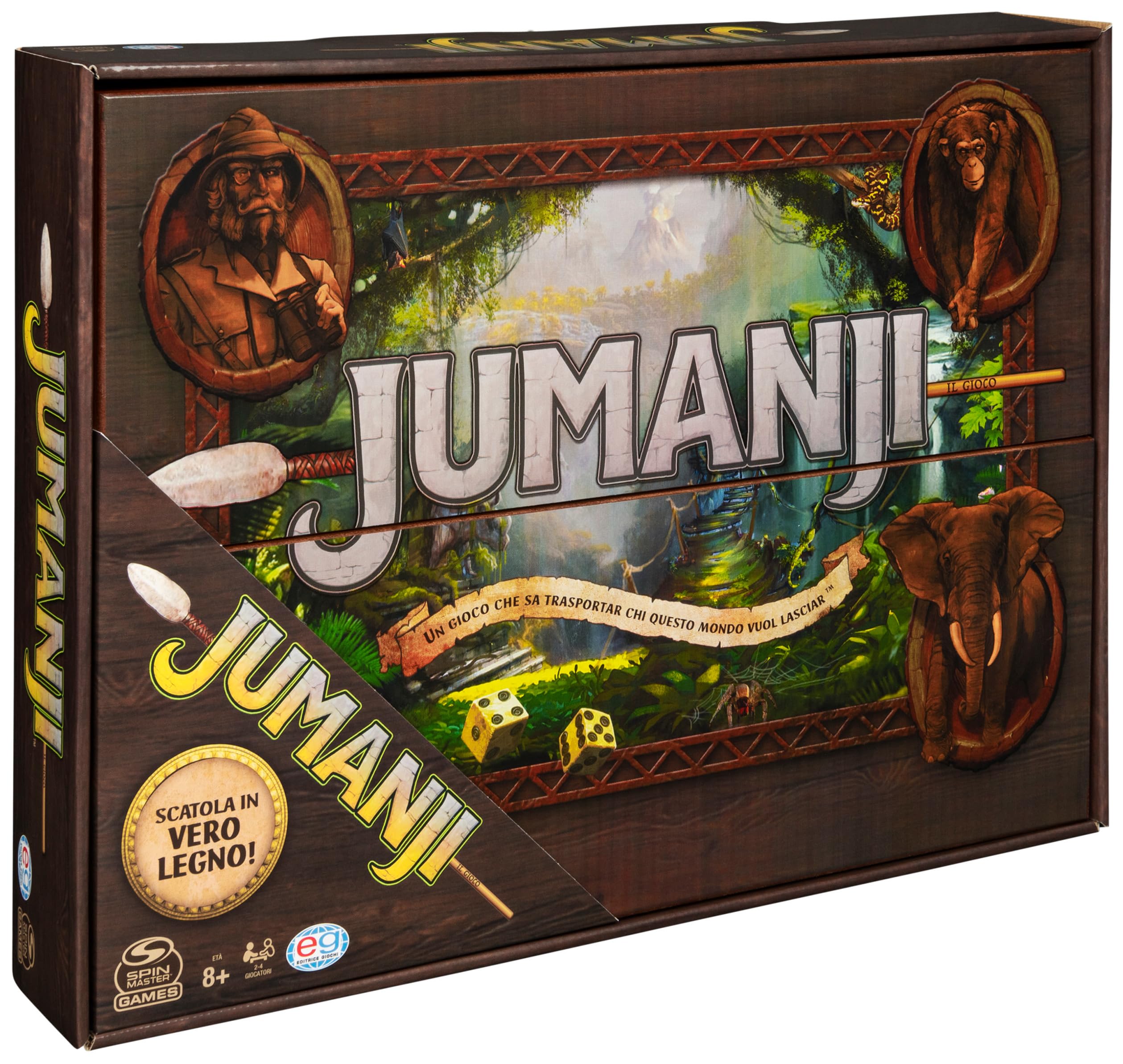 Spin Master Games Editrice Giochi, Jumanji, Jumanji Il Gioco da Tavolo in Legno, Formato Deluxe, Giochi da Tavola di Avventura per Famiglie e Amici, da 2 a 4 Giocatori, 8+ Anni