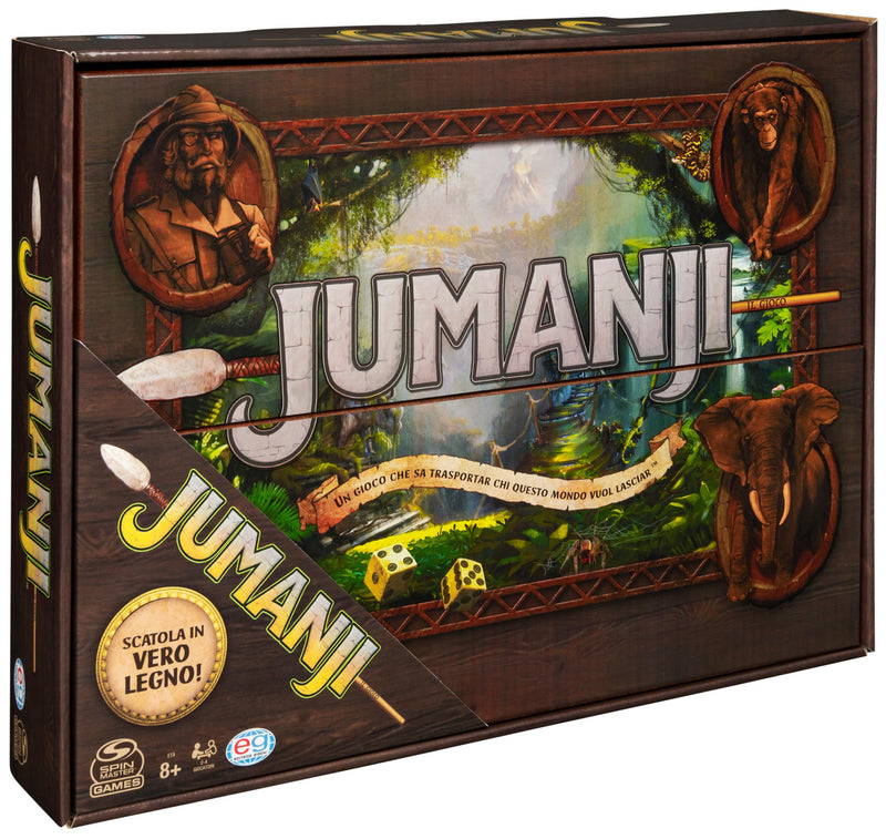 Spin Master Games Editrice Giochi, Jumanji, Jumanji Il Gioco da Tavolo in Legno, Formato Deluxe, Giochi da Tavola di Avventura per Famiglie e Amici, da 2 a 4 Giocatori, 8+ Anni