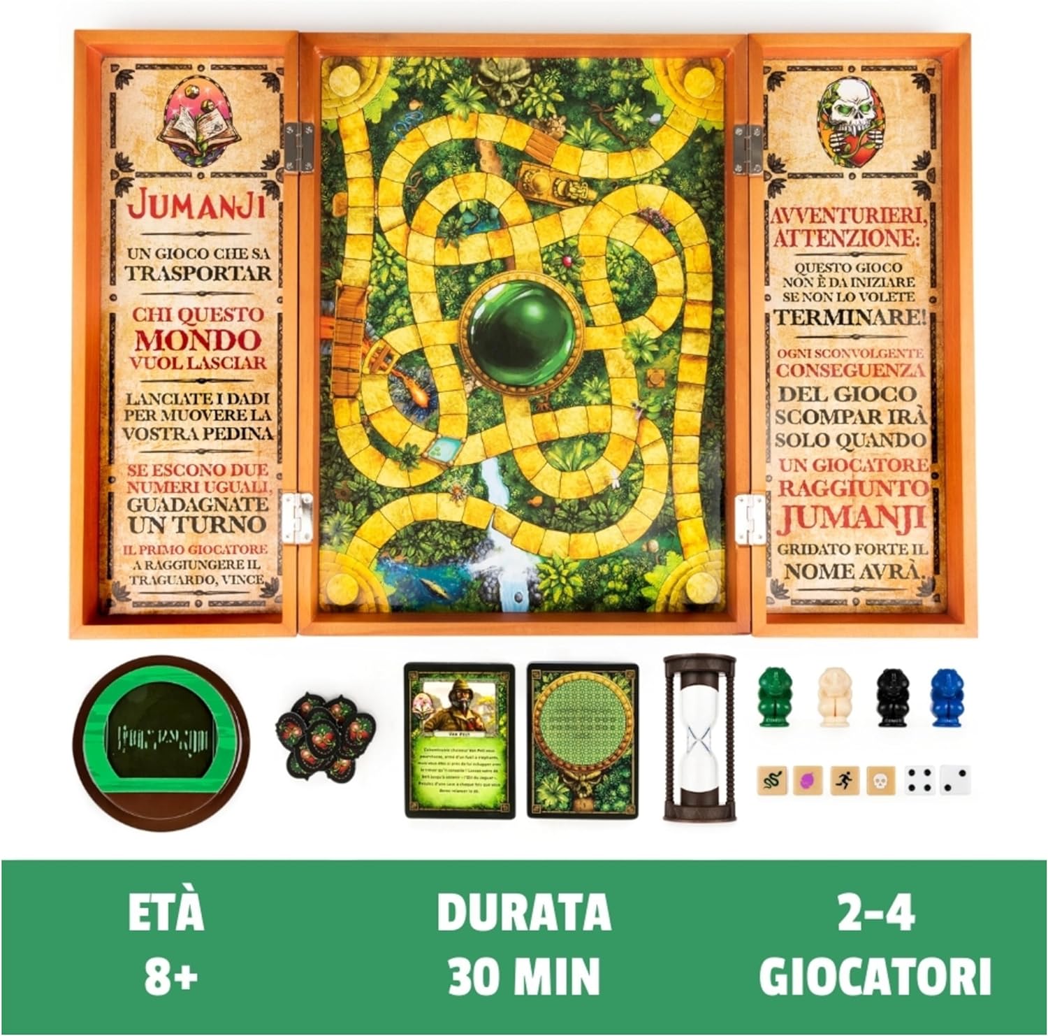 Spin Master Games Editrice Giochi, Jumanji, Jumanji Il Gioco da Tavolo in Legno, Formato Deluxe, Giochi da Tavola di Avventura per Famiglie e Amici, da 2 a 4 Giocatori, 8+ Anni