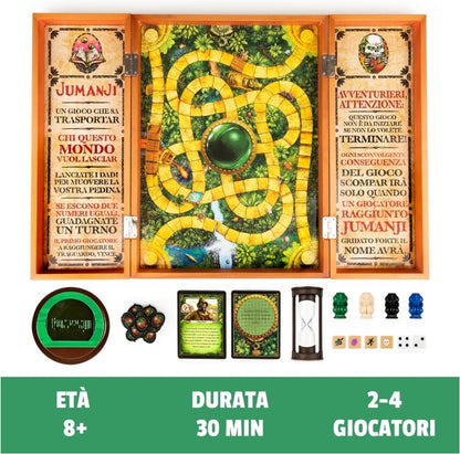 Spin Master Games Editrice Giochi, Jumanji, Jumanji Il Gioco da Tavolo in Legno, Formato Deluxe, Giochi da Tavola di Avventura per Famiglie e Amici, da 2 a 4 Giocatori, 8+ Anni