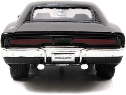 Jada Toys Fast & Furious Dom's 1970 Dodge Charger Street Car Tuning Model 1:24 Scale Opening Doors, Boot & Removable Bonnet, wheel, Includes Dominic Toretto Figure, Black