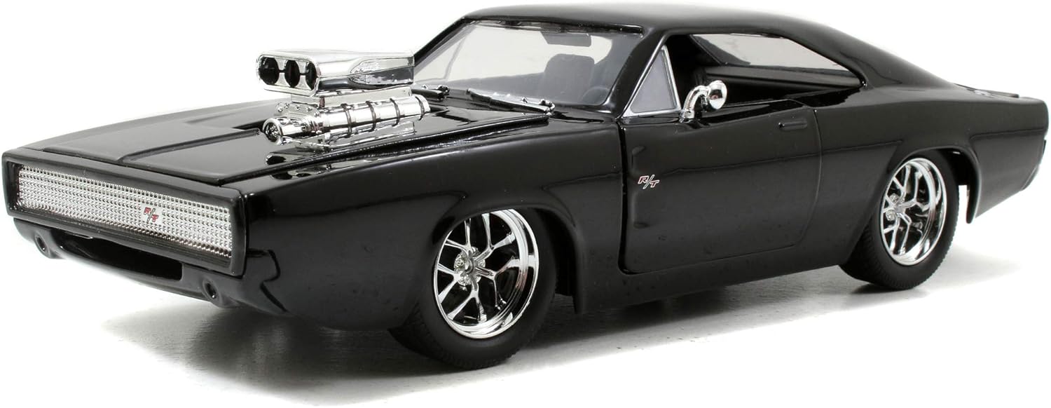 Jada Toys Fast & Furious Dom's 1970 Dodge Charger Street Car Tuning Model 1:24 Scale Opening Doors, Boot & Removable Bonnet, wheel, Includes Dominic Toretto Figure, Black