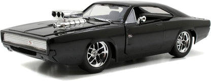 Jada Toys Fast & Furious Dom's 1970 Dodge Charger Street Car Tuning Model 1:24 Scale Opening Doors, Boot & Removable Bonnet, wheel, Includes Dominic Toretto Figure, Black