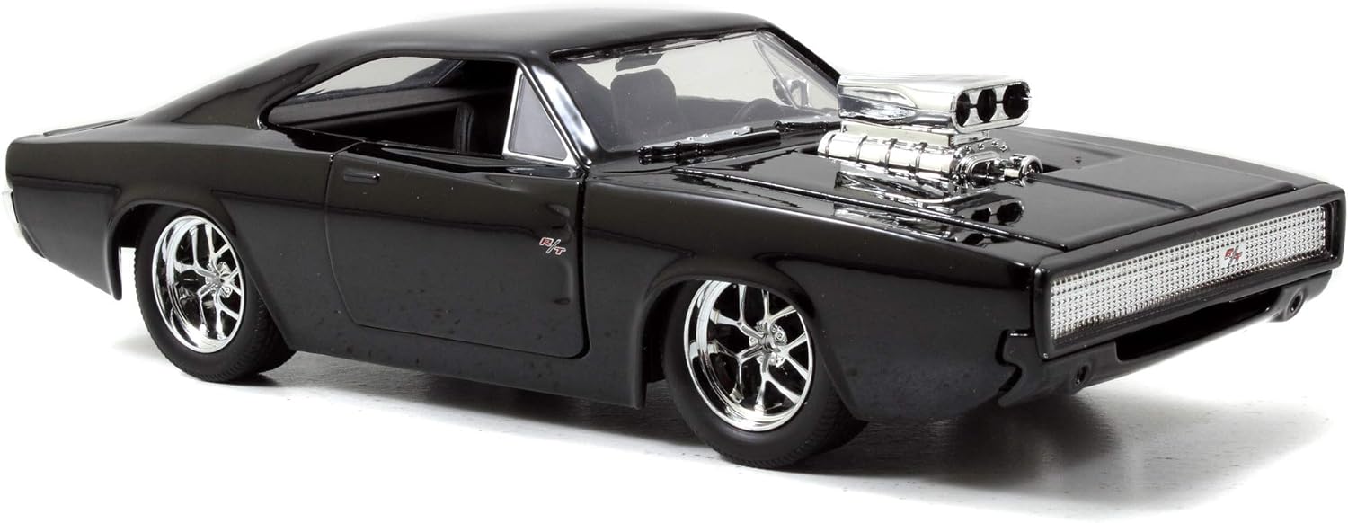 Jada Toys Fast & Furious Dom's 1970 Dodge Charger Street Car Tuning Model 1:24 Scale Opening Doors, Boot & Removable Bonnet, wheel, Includes Dominic Toretto Figure, Black
