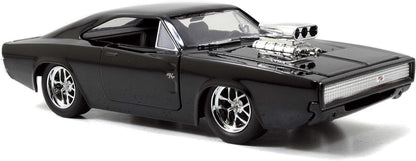 Jada Toys Fast & Furious Dom's 1970 Dodge Charger Street Car Tuning Model 1:24 Scale Opening Doors, Boot & Removable Bonnet, wheel, Includes Dominic Toretto Figure, Black