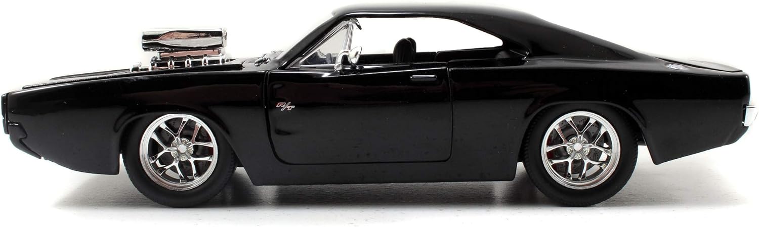 Jada Toys Fast & Furious Dom's 1970 Dodge Charger Street Car Tuning Model 1:24 Scale Opening Doors, Boot & Removable Bonnet, wheel, Includes Dominic Toretto Figure, Black
