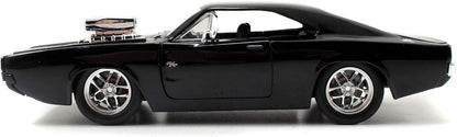 Jada Toys Fast & Furious Dom's 1970 Dodge Charger Street Car Tuning Model 1:24 Scale Opening Doors, Boot & Removable Bonnet, wheel, Includes Dominic Toretto Figure, Black