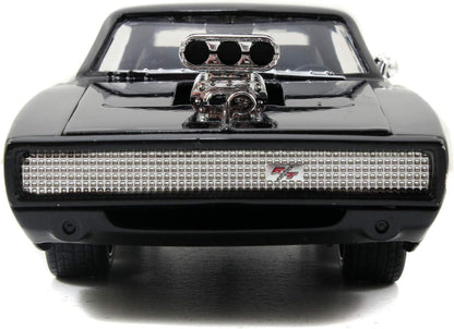 Jada Toys Fast & Furious Dom's 1970 Dodge Charger Street Car Tuning Model 1:24 Scale Opening Doors, Boot & Removable Bonnet, wheel, Includes Dominic Toretto Figure, Black