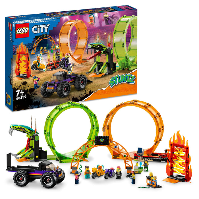 LEGO 60339 City Stuntz Double Loop Stunt Arena, Monster Truck Playset with 2 Toy Motorbikes, Ramp and Minifigures, for Kids Aged 7 Plus Standard packaging
