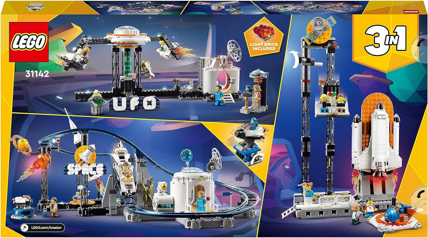 LEGO 31142 Creator 3en1 Montaña Rusa Espacial, Torre de Caída Libre o Tiovivo, Maqueta de Parque de Atracciones, Juguete de Construcción con Cohete Espacial, Planetas y Ladrillos Luminosos