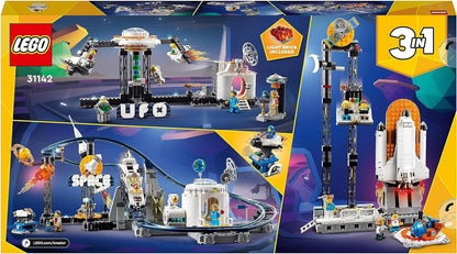LEGO 31142 Creator 3en1 Montaña Rusa Espacial, Torre de Caída Libre o Tiovivo, Maqueta de Parque de Atracciones, Juguete de Construcción con Cohete Espacial, Planetas y Ladrillos Luminosos