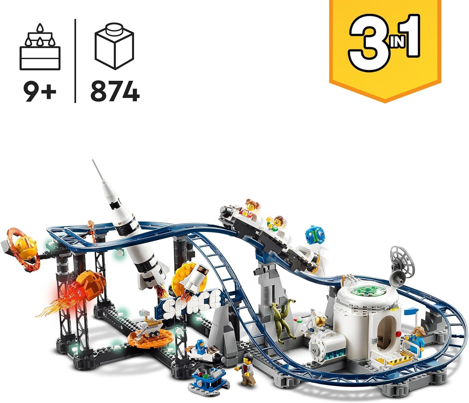 LEGO 31142 Creator 3en1 Montaña Rusa Espacial, Torre de Caída Libre o Tiovivo, Maqueta de Parque de Atracciones, Juguete de Construcción con Cohete Espacial, Planetas y Ladrillos Luminosos