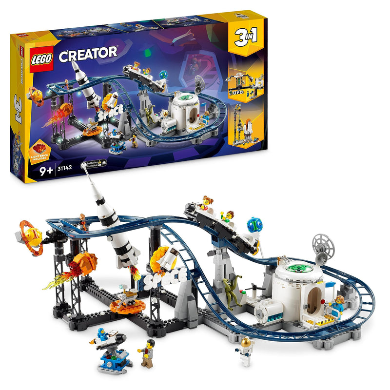 LEGO 31142 Creator 3en1 Montaña Rusa Espacial, Torre de Caída Libre o Tiovivo, Maqueta de Parque de Atracciones, Juguete de Construcción con Cohete Espacial, Planetas y Ladrillos Luminosos