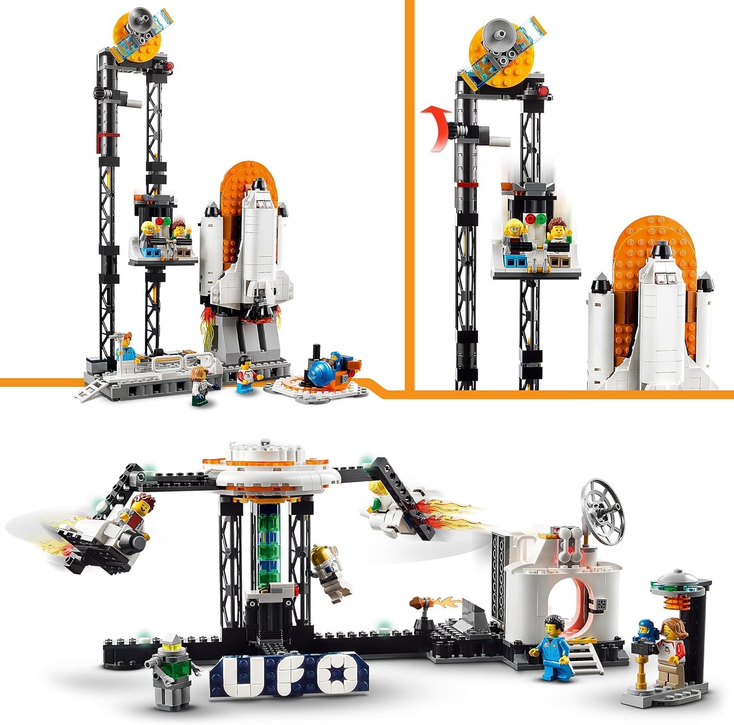LEGO 31142 Creator 3en1 Montaña Rusa Espacial, Torre de Caída Libre o Tiovivo, Maqueta de Parque de Atracciones, Juguete de Construcción con Cohete Espacial, Planetas y Ladrillos Luminosos